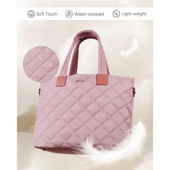 Prite Women Pink Polyester Compartment Quilted Puffer Shoulder Tote Work Bag - Picture 4 of 7